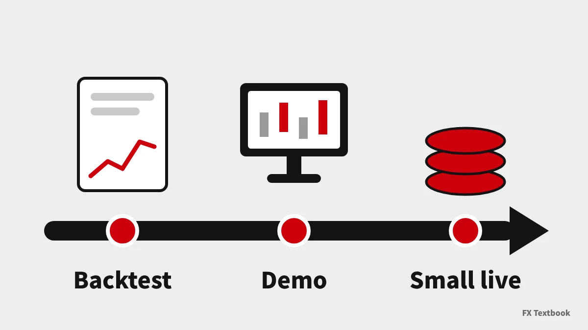 ภาพประกอบการตรวจสอบ EA ตามลำดับ: backtest บัญชีเดโม แล้วบัญชีจริงขนาดเล็ก