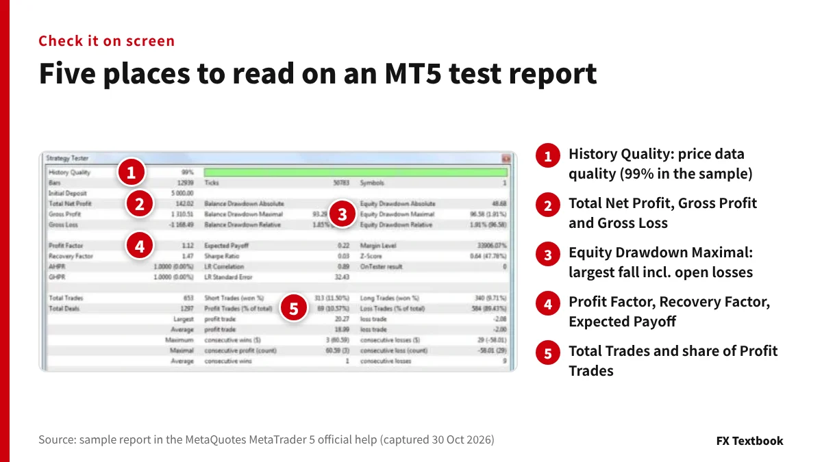 รายงานการทดสอบ MT5 ตัวอย่างจากวิธีใช้อย่างเป็นทางการ พร้อมห้าจุดที่ต้องตรวจสอบตามหมายเลข