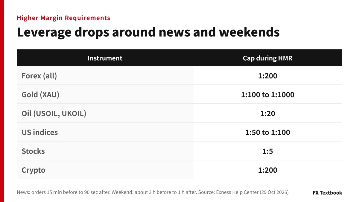 When Exness lowers leverage around news and weekends, and the cap for each instrument