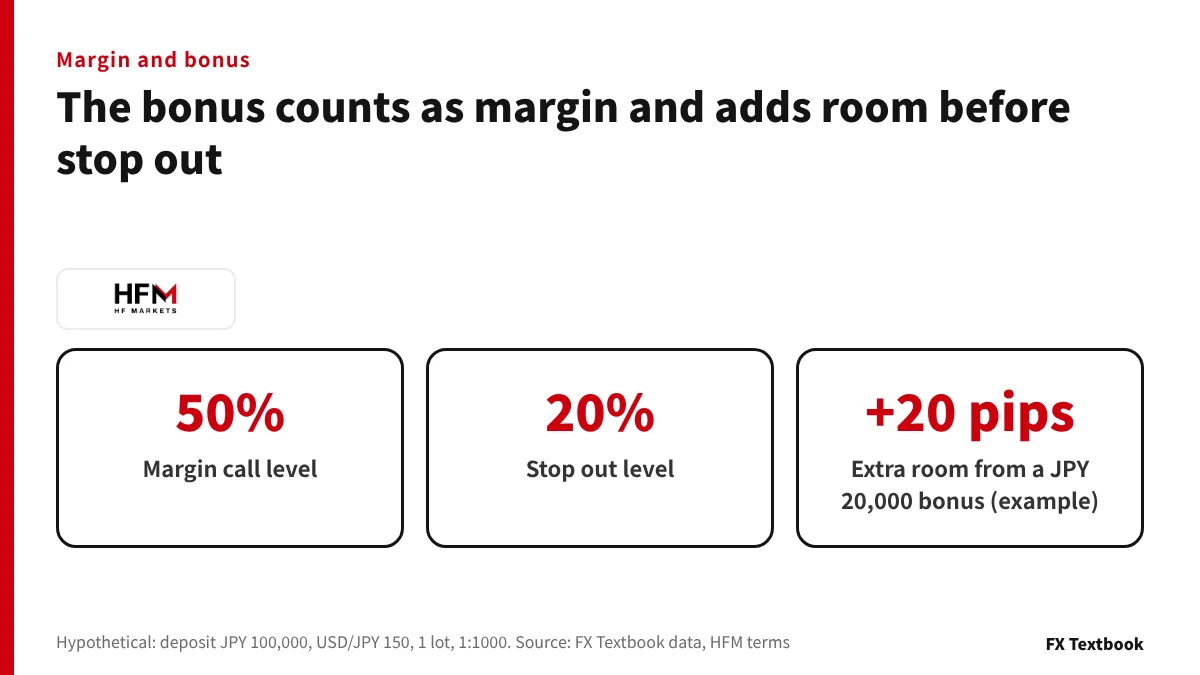 HFM's 50% margin call and 20% stop out, and the extra room a bonus adds