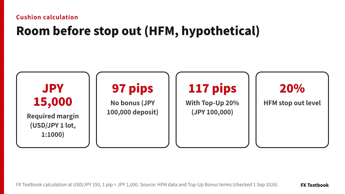 Comparison of the price move an HFM account can absorb before stop out, with and without the Top-Up 20% bonus