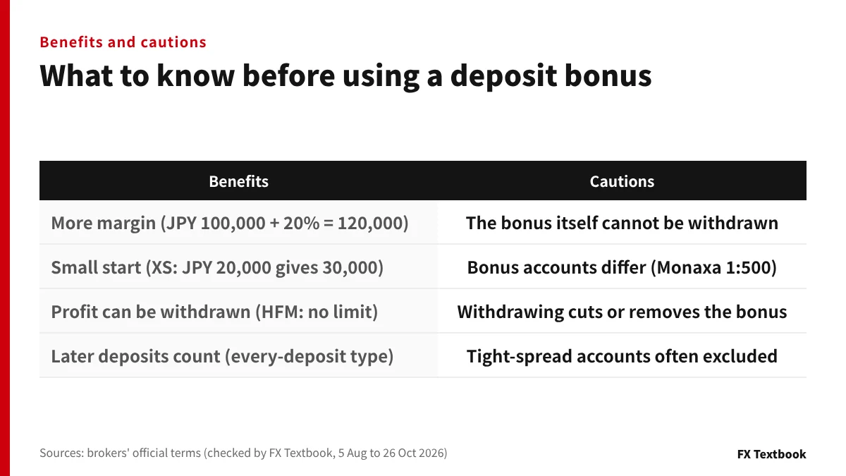 Table of deposit bonus benefits and cautions side by side, with listed examples