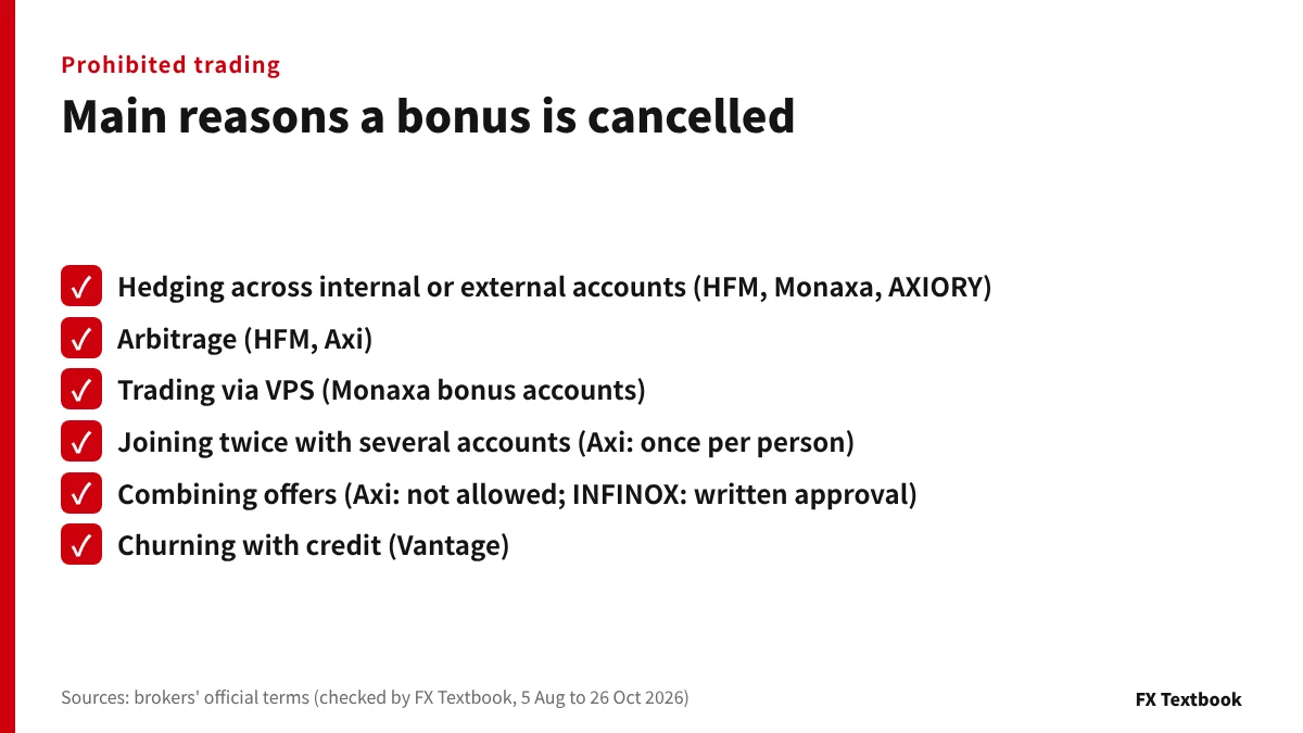 Checklist of the main actions that cancel a deposit bonus, by broker