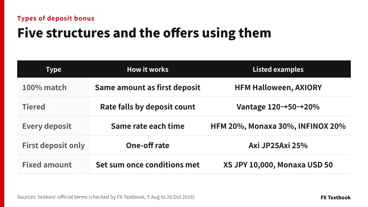 Table of five deposit bonus structures and the listed offers using each