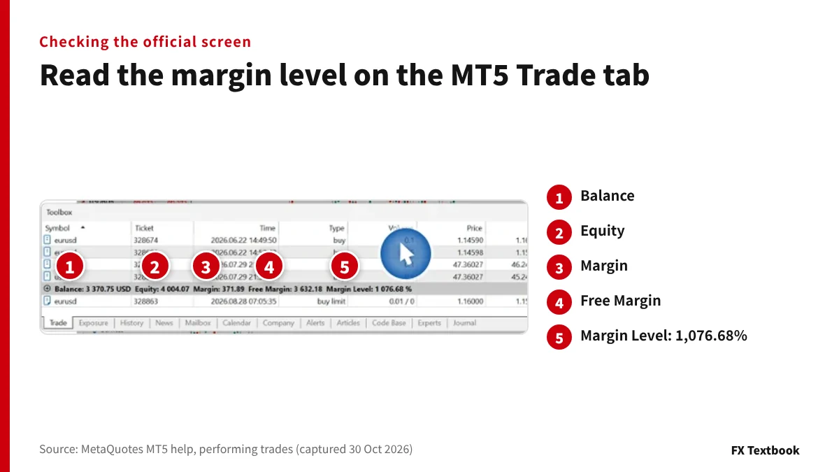 MetaQuotes help screenshot of MT5 with numbered markers on balance, equity, margin, free margin and margin level