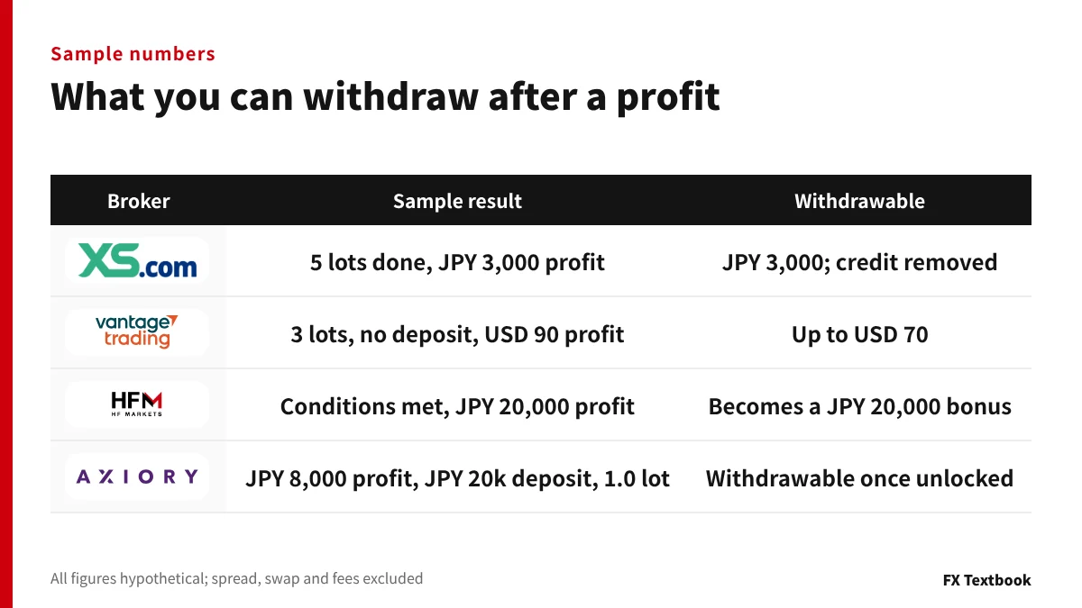 Sample withdrawal results for the four no-deposit bonuses
