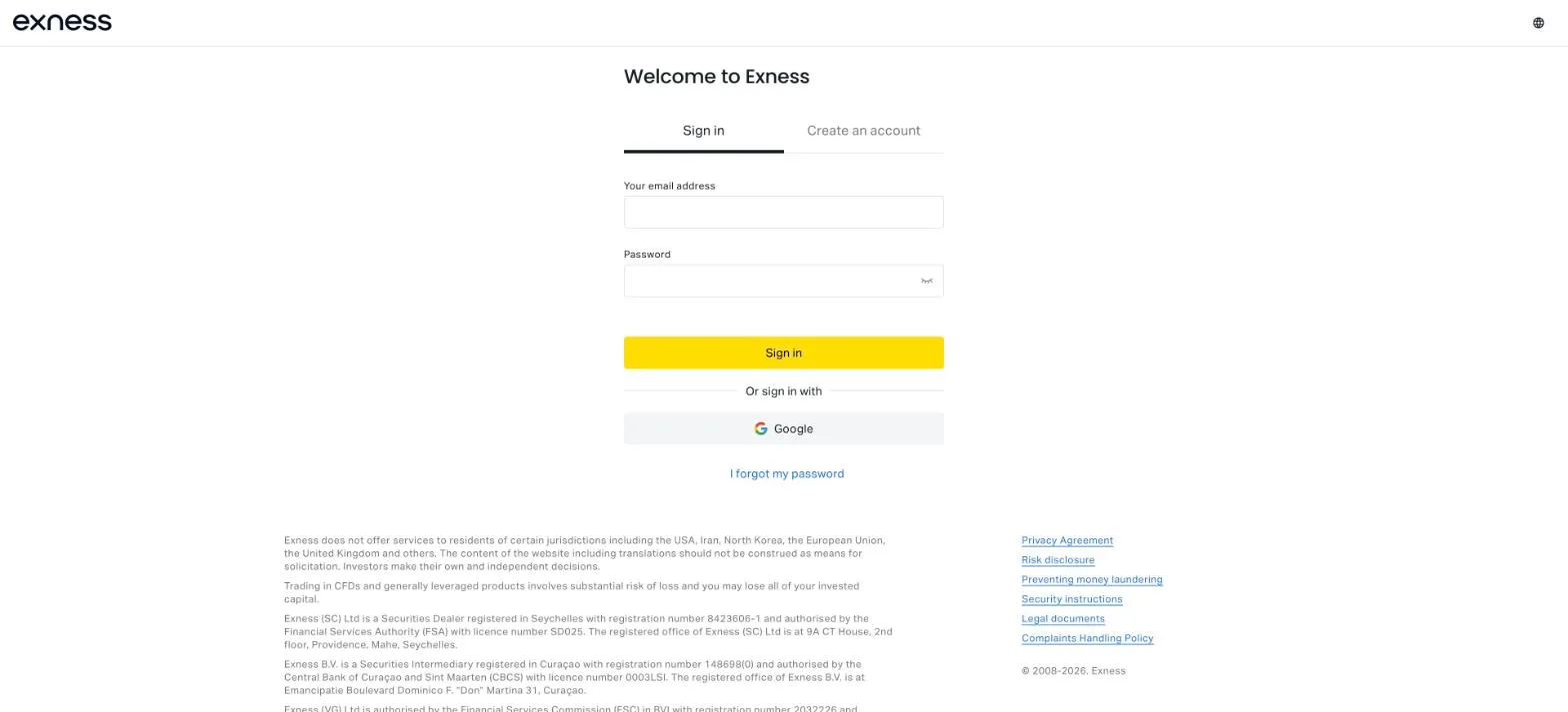 Exness official sign-in page with the operating entity, registration number and licence in the footer