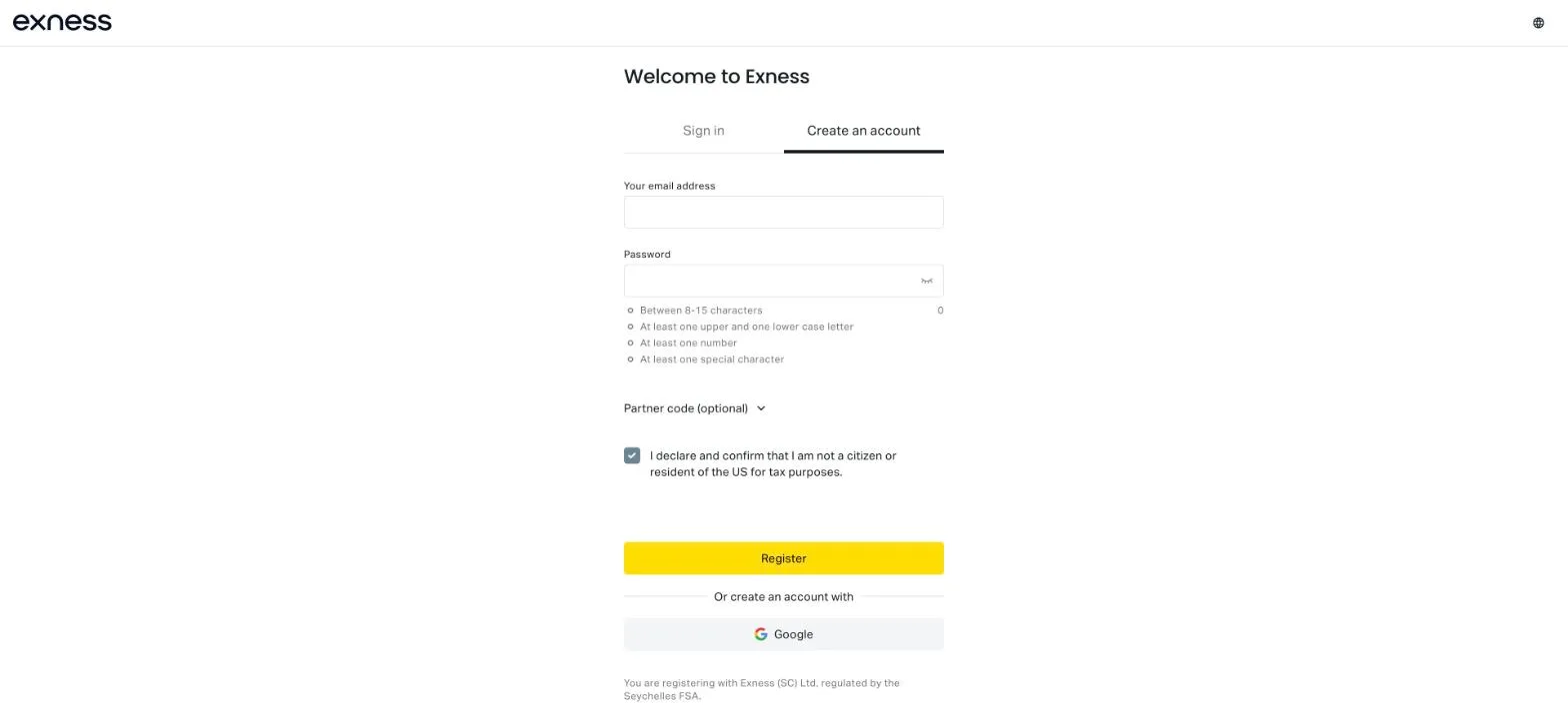 Exness official sign-up page showing password rules, the partner code field and the contracting entity