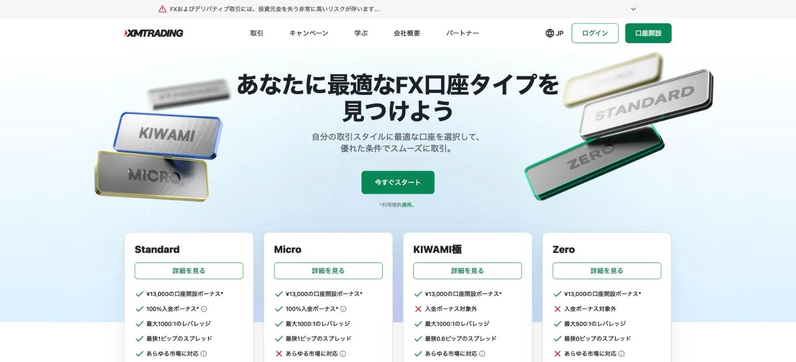 XMTrading's official account types page showing minimum spreads for Standard, Micro, KIWAMI and Zero