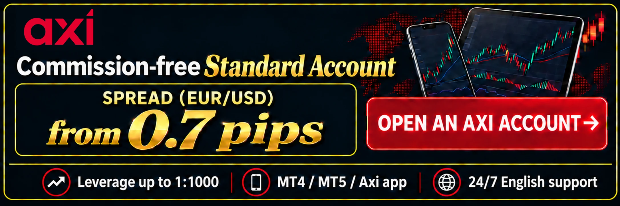 Axi commission-free Standard account, EUR/USD spread from 0.7 pips, leverage up to 1:1000, MT4, MT5 and the Axi app. Open an Axi account
