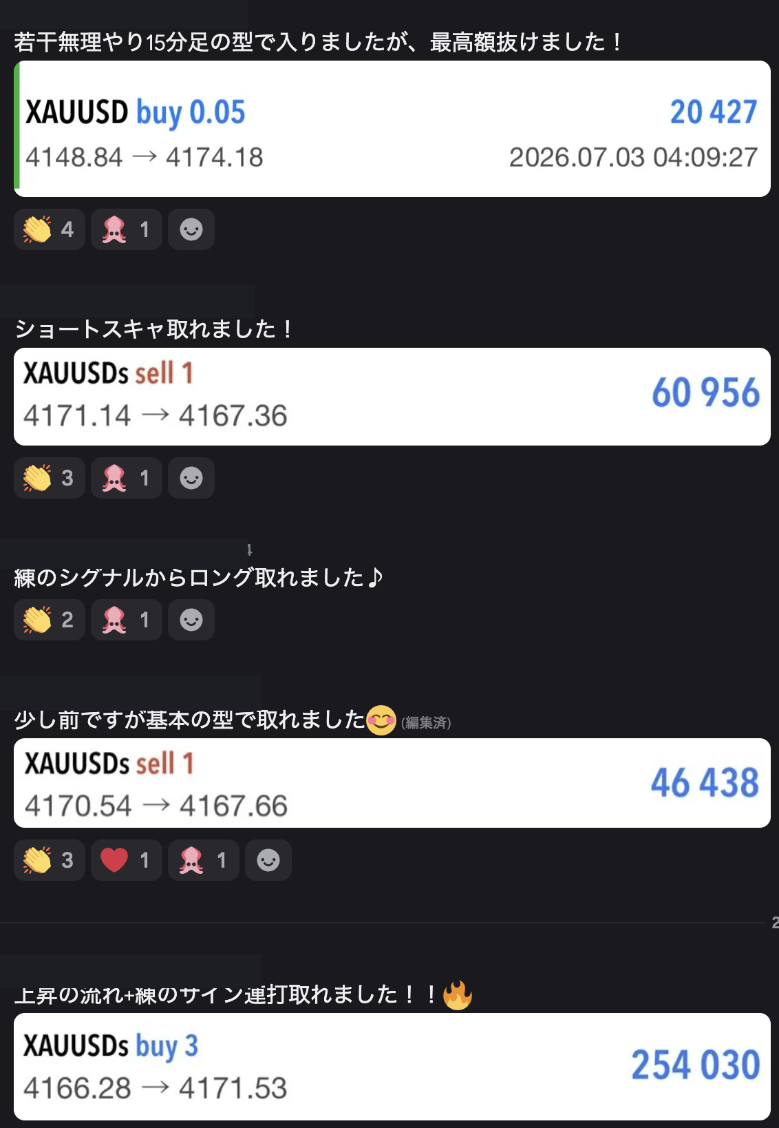 KEIスキャルピング道場生から共有された過去のトレード結果例1
