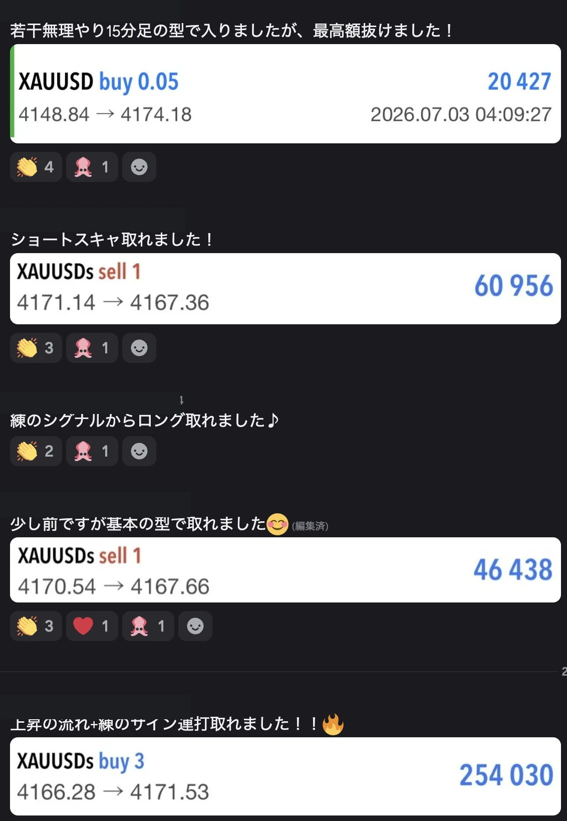 KEIスキャルピング道場生から共有された過去のトレード結果例1